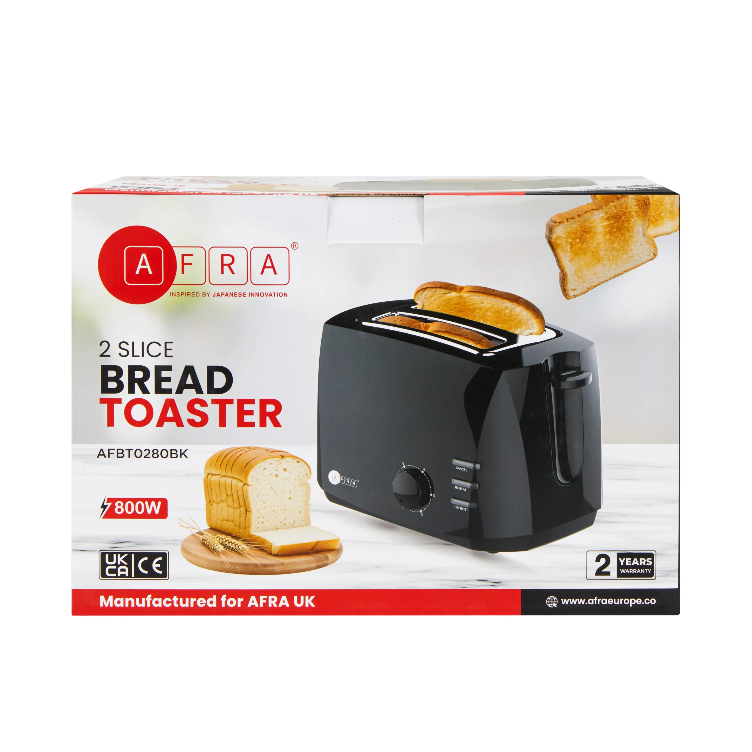 AFRA 800W 2 Slice Toaster with 6 Browning Levels in Black