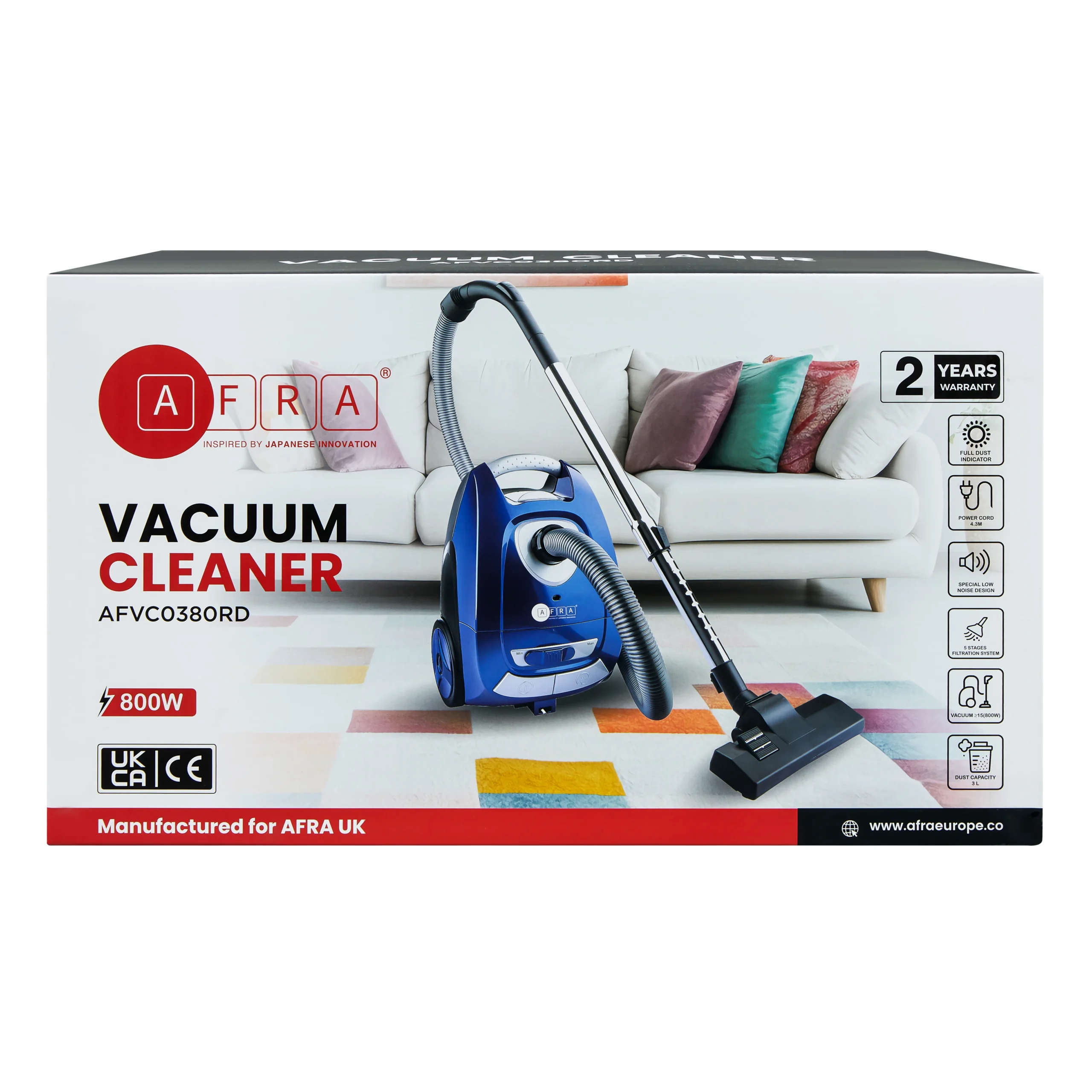AFRA 800W Cylinder Vacuum Cleaner with 3L Dust Capacity