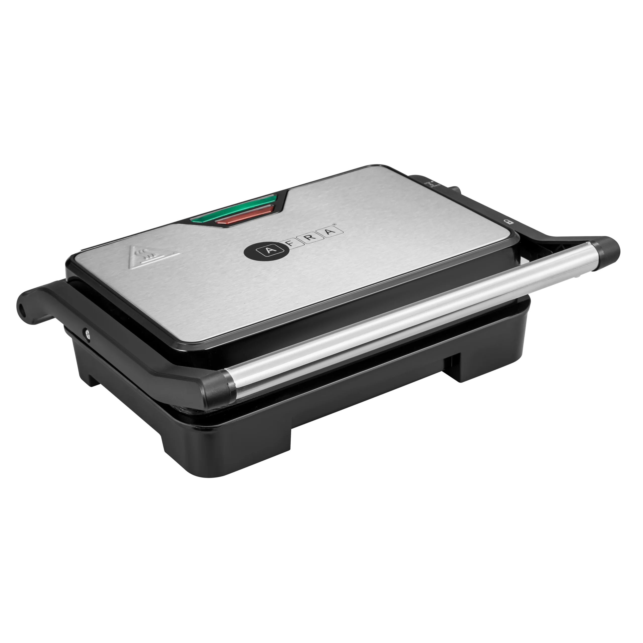 AFRA 1000W Panini Grill with 180 Degree Opening in Silver and Black
