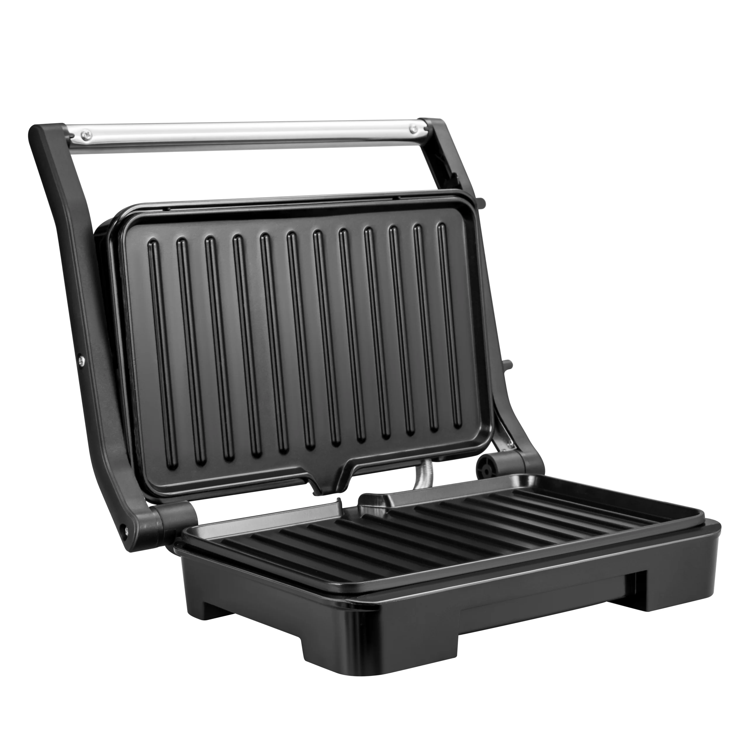 AFRA 1000W Panini Grill with 180 Degree Opening in Silver and Black