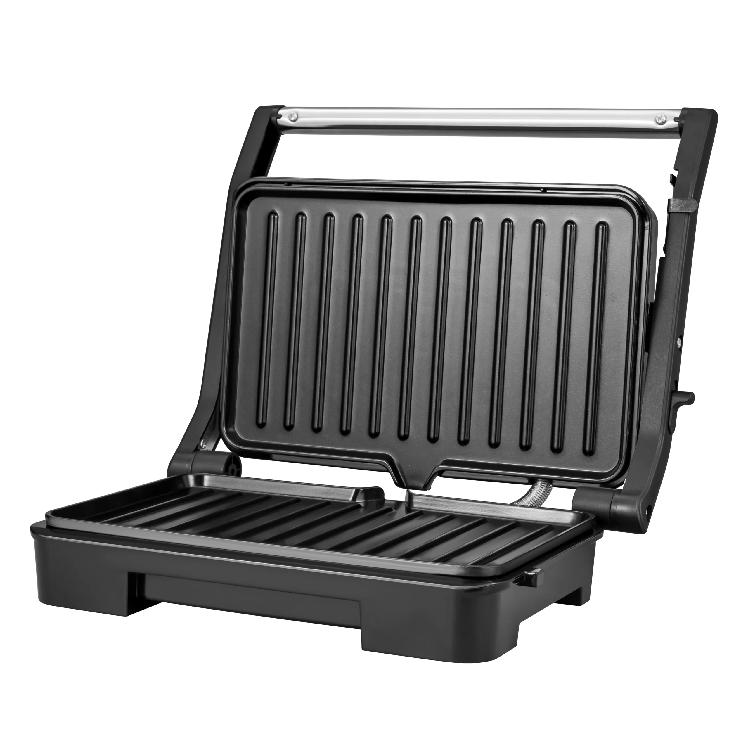 AFRA 1000W Panini Grill with 180 Degree Opening in Silver and Black