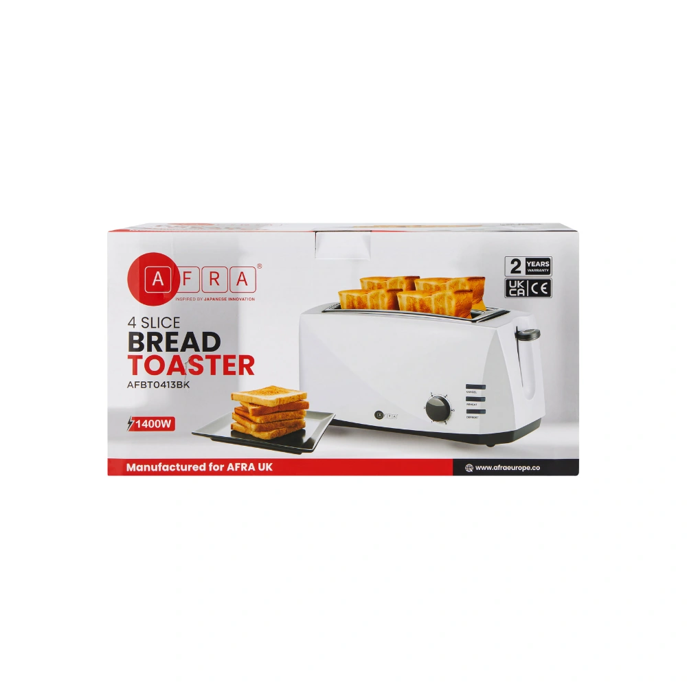 AFRA 800W 4 Slice Toaster with 6 Browning Levels in White