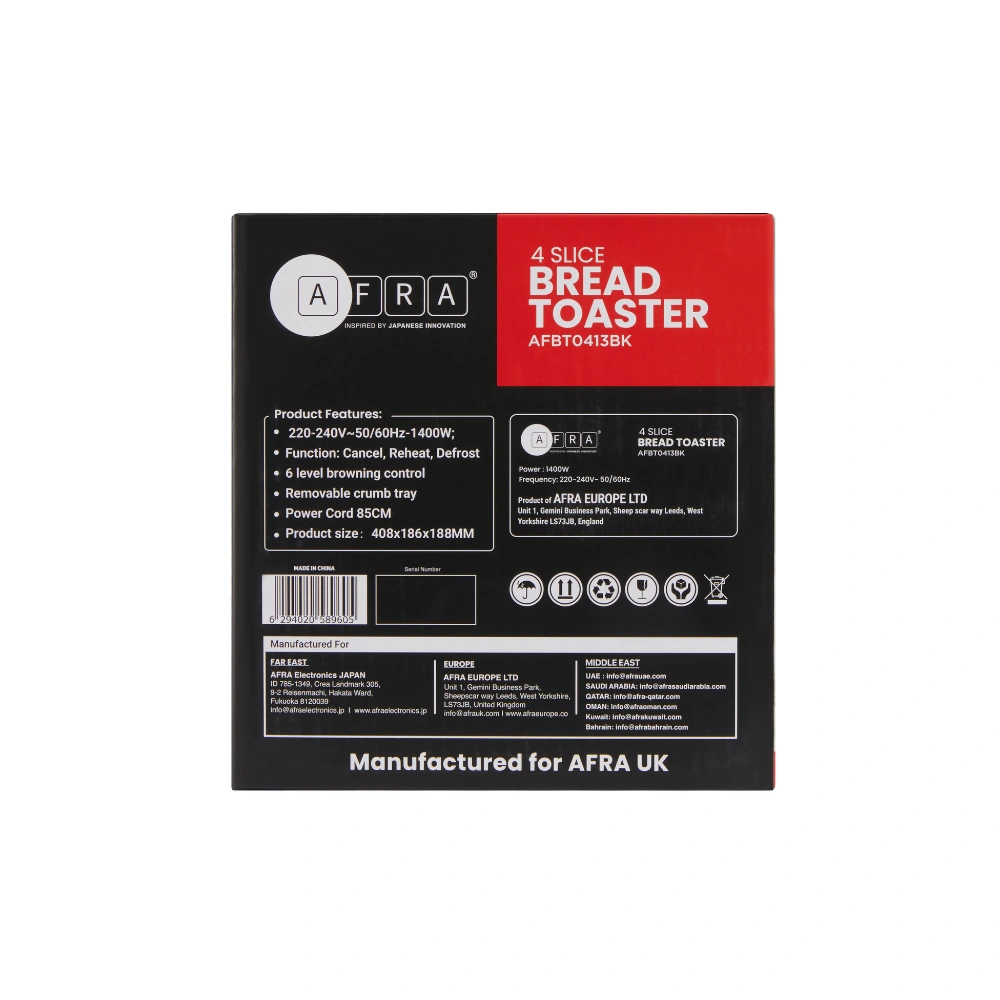 AFRA 800W 4 Slice Toaster with 6 Browning Levels in White